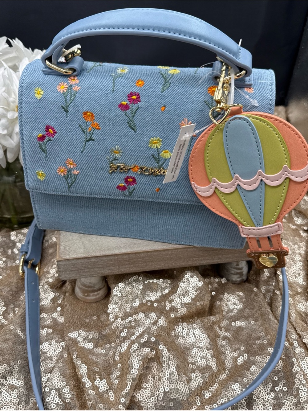 Betsey Johnson Denim Floral Embroidered Handbag Crossbody Balloon Bag Charm NWT